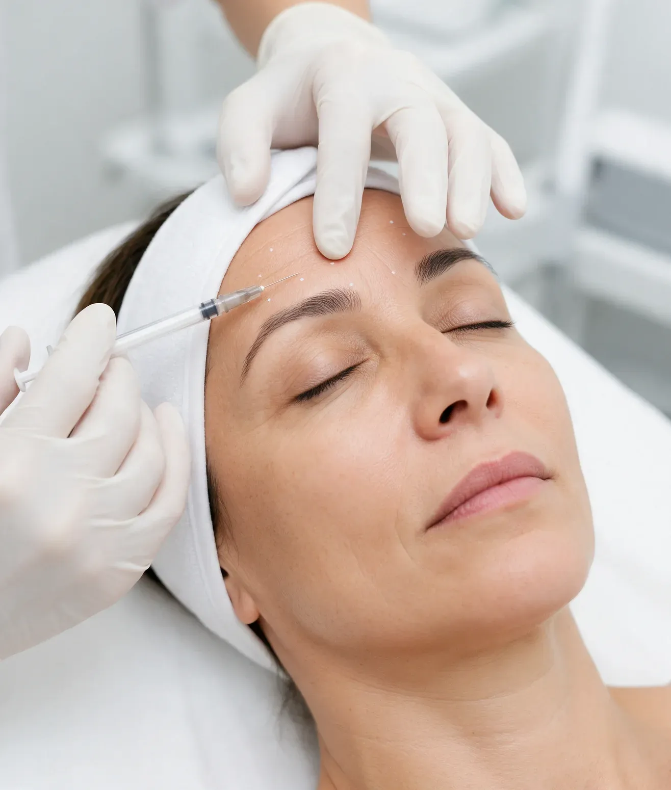 A woman in her forties with eyes closed and a towel headband as a gloved hand injects a marked point on her forehead